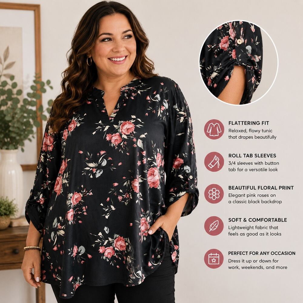 Haute Edition 3X Floral Tunic Top Black Pink Rose Print Long Sleeve Blouse NWT